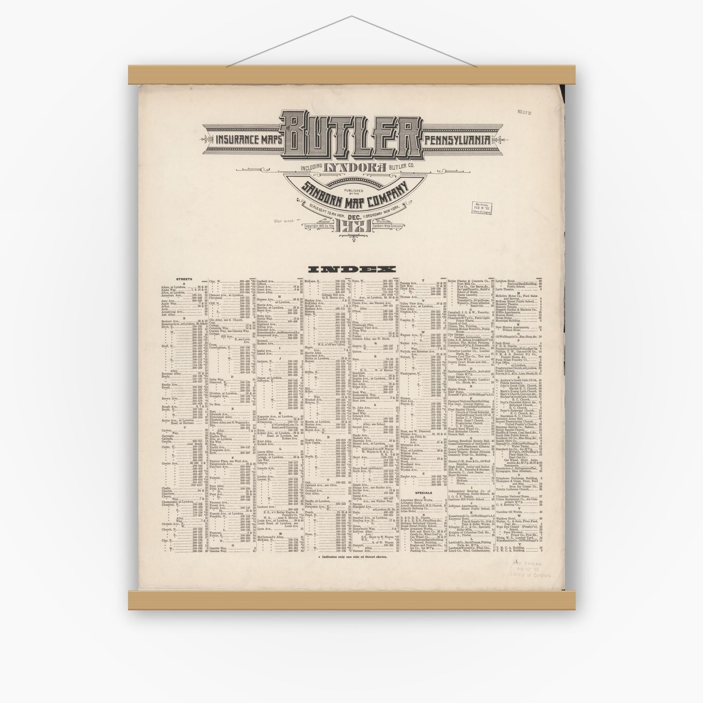 Old map wall art mockup — magnetic wood frame on white wall — Sanborn Fire Insurance Map from Butler, Butler County, Pennsylvania (1921), Sheet #0001