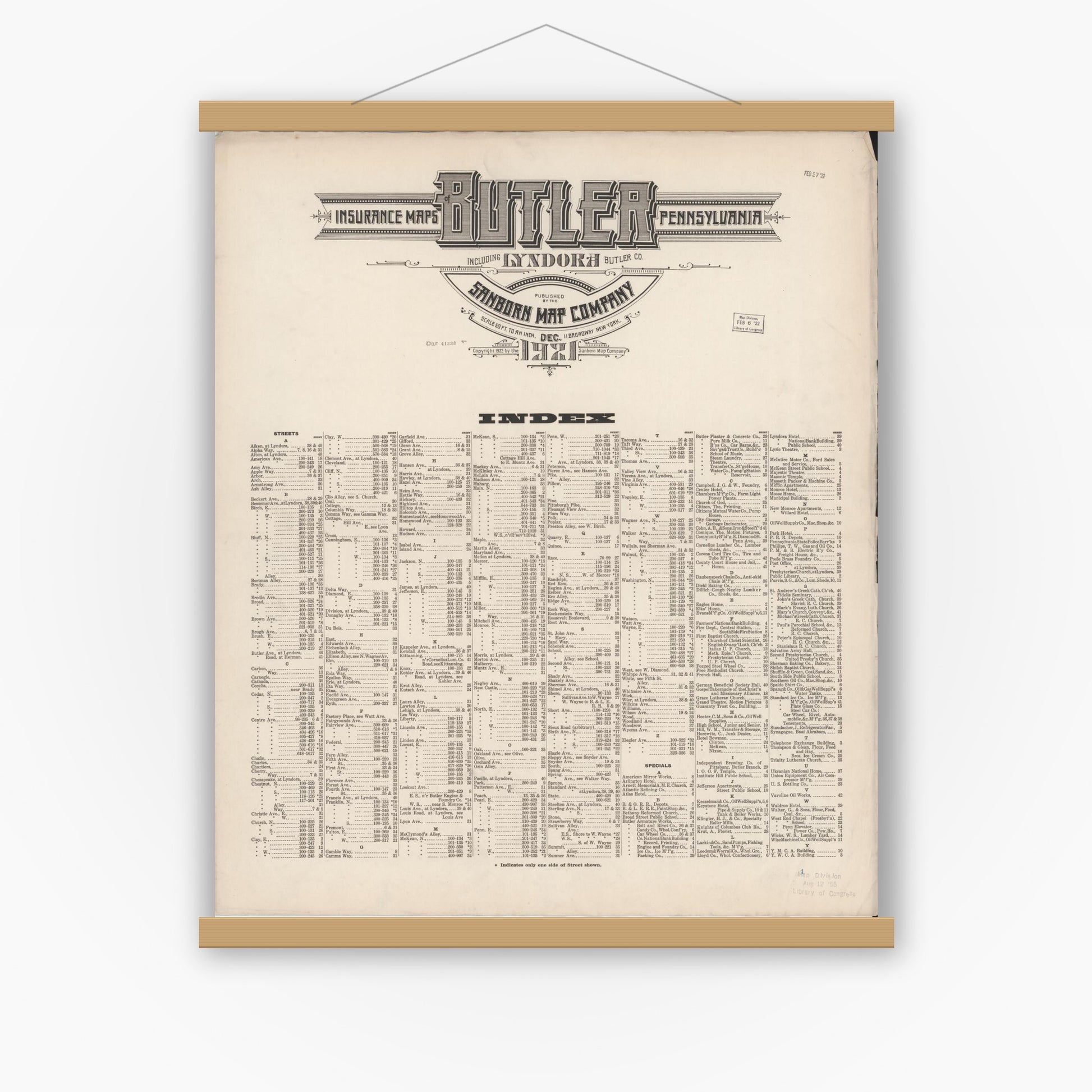 Old map wall art mockup — magnetic wood frame on white wall — Sanborn Fire Insurance Map from Butler, Butler County, Pennsylvania (1921), Sheet #0001