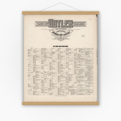 Old map wall art mockup — magnetic wood frame on white wall — Sanborn Fire Insurance Map from Butler, Butler County, Pennsylvania (1921), Sheet #0001