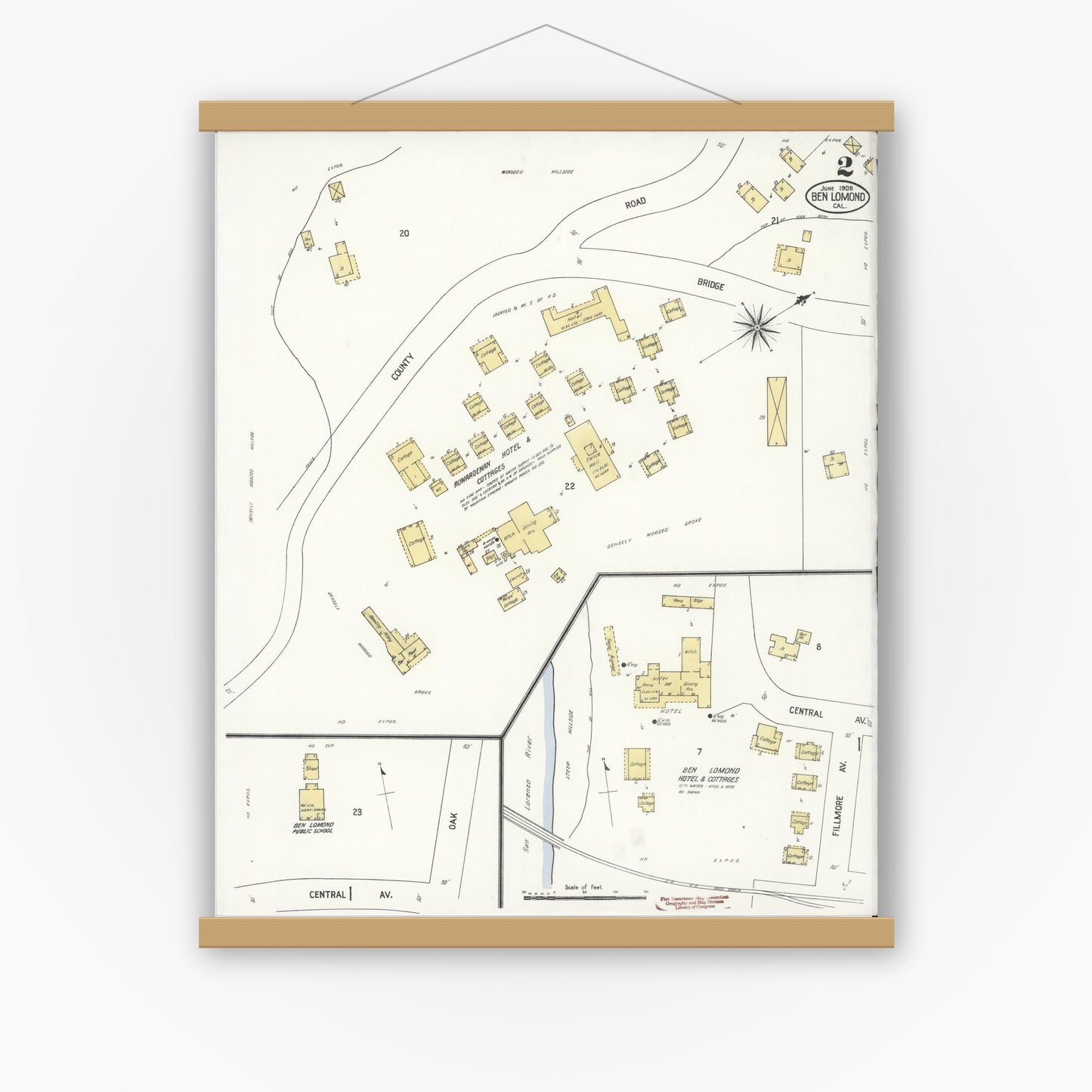Old map wall art mockup — magnetic wood frame on white wall — Sanborn Fire Insurance Map from Ben Lomond, Santa Cruz County, California (1908), Sheet #0002