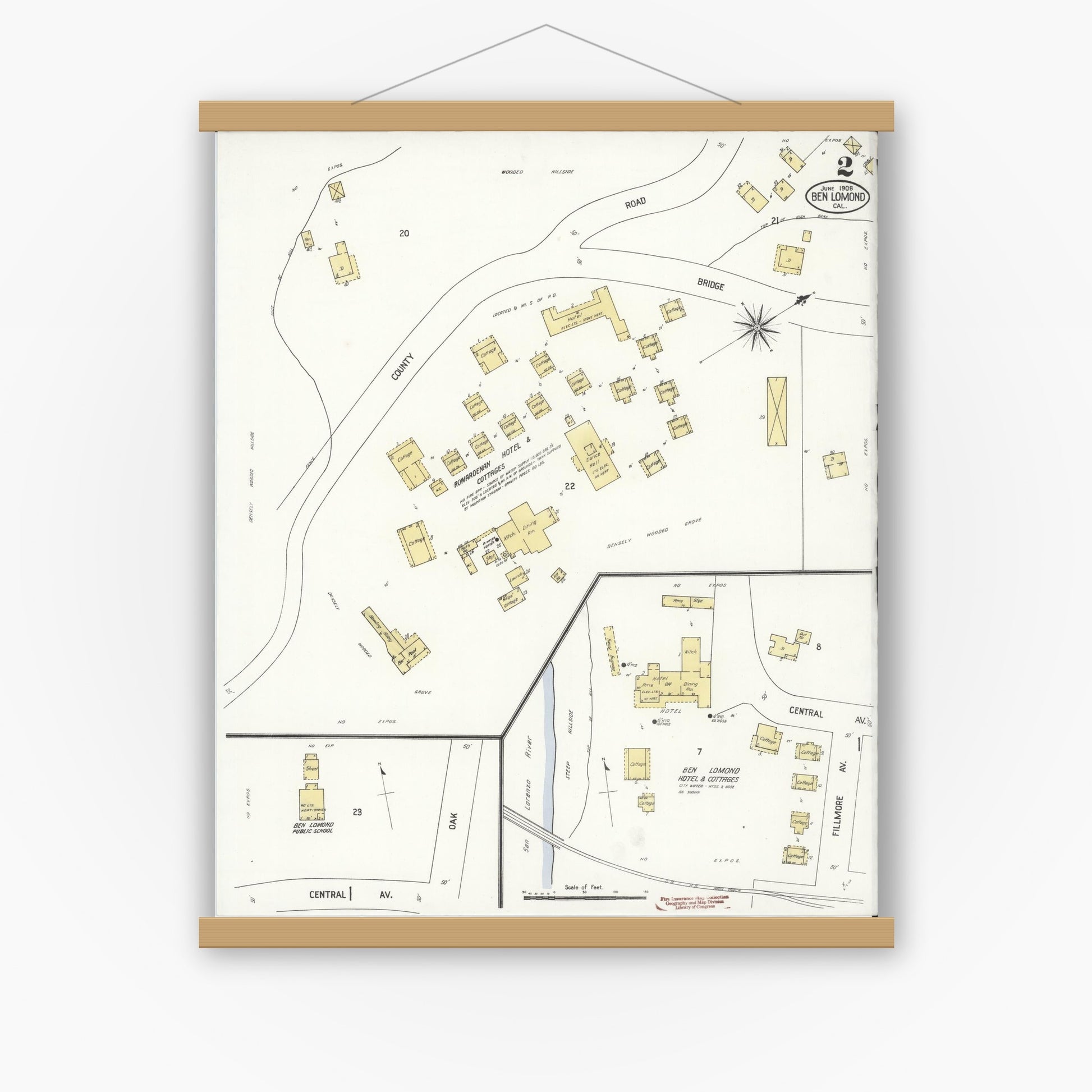 Old map wall art mockup — magnetic wood frame on white wall — Sanborn Fire Insurance Map from Ben Lomond, Santa Cruz County, California (1908), Sheet #0002