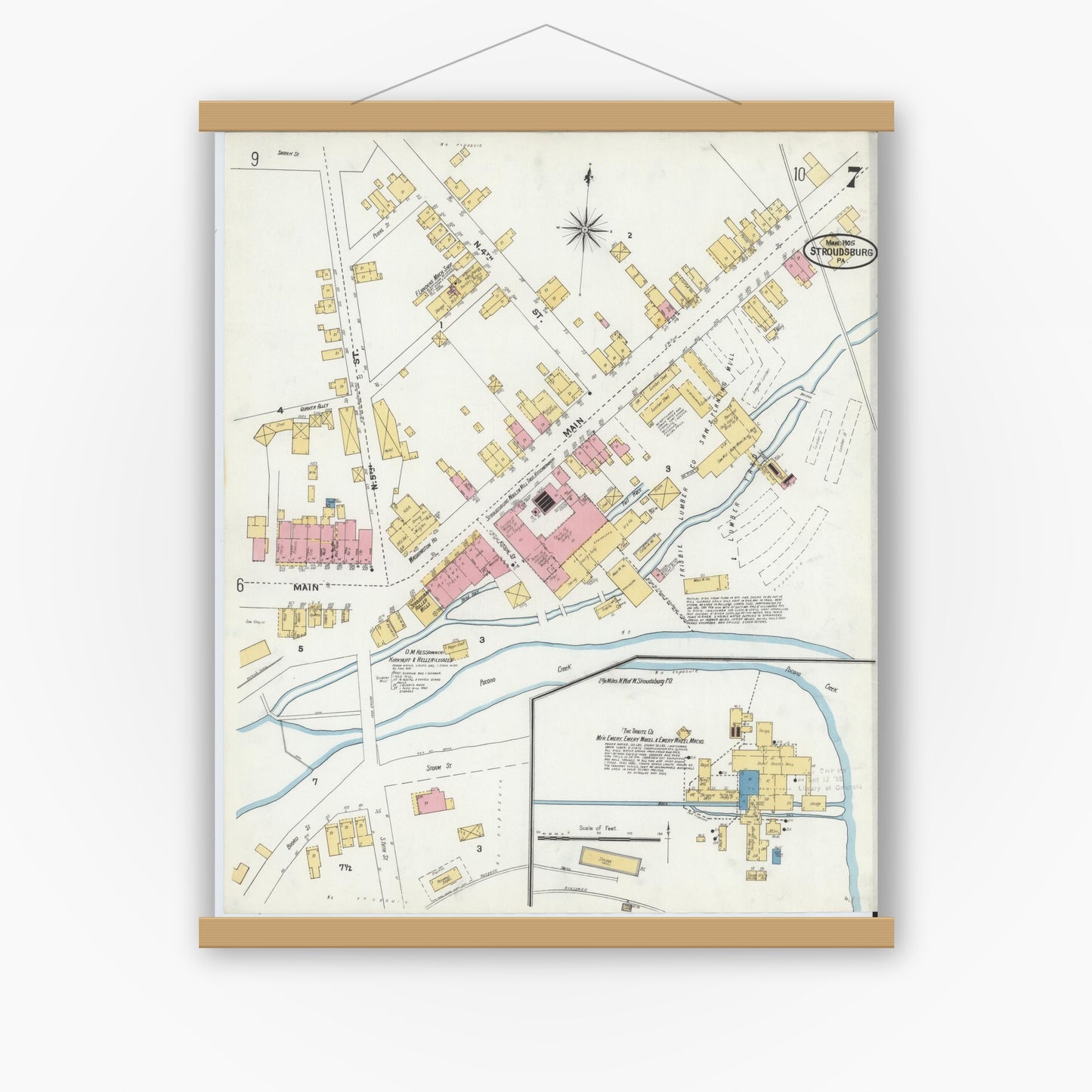 Old map wall art mockup — magnetic wood frame on white wall — Sanborn Fire Insurance Map from Stroudsburg, Monroe County, Pennsylvania (1905), Sheet #0007