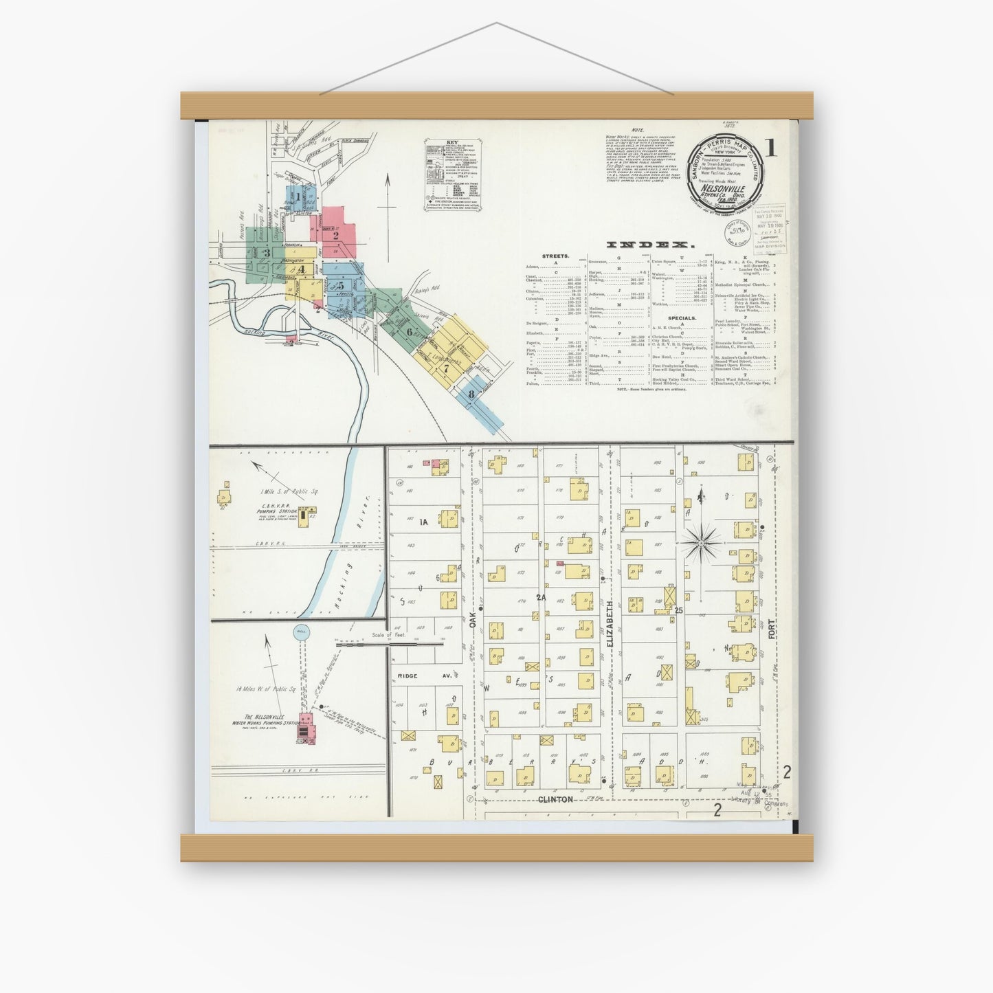 Old map wall art mockup — magnetic wood frame on white wall — Sanborn Fire Insurance Map from Nelsonville, Athens County, Ohio (1900), Sheet #0001