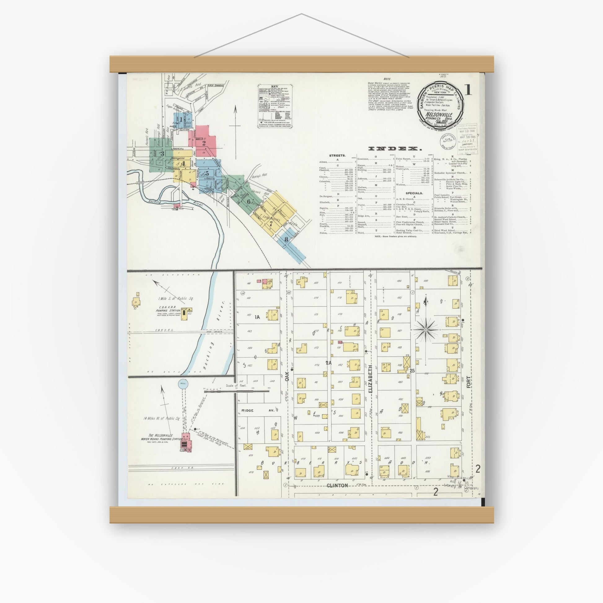 Old map wall art mockup — magnetic wood frame on white wall — Sanborn Fire Insurance Map from Nelsonville, Athens County, Ohio (1900), Sheet #0001