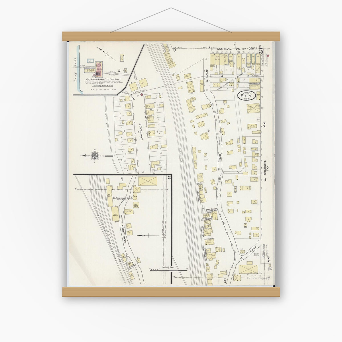 Old map wall art mockup — magnetic wood frame on white wall — Sanborn Fire Insurance Map from Ely, Saint Louis County, Minnesota (1914), Sheet #0005