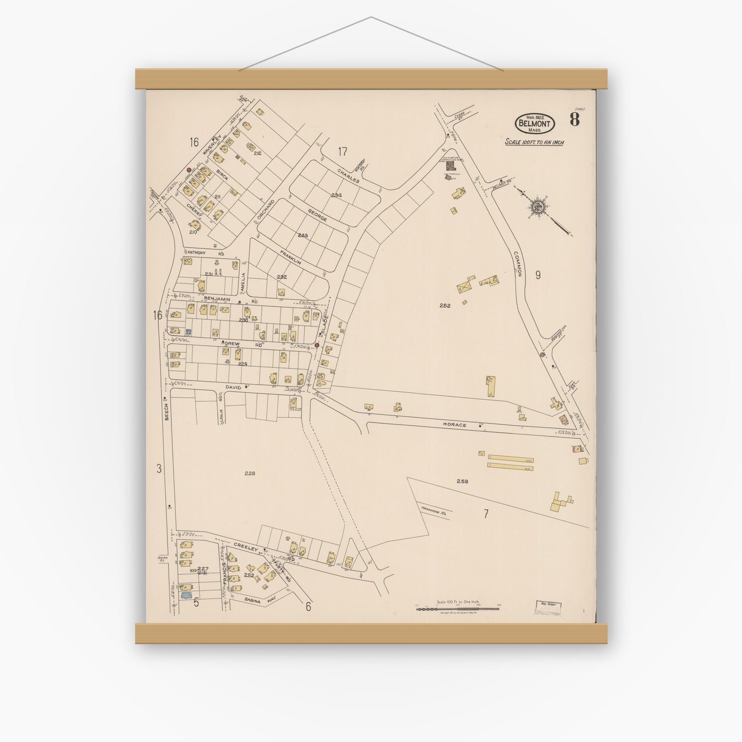Old map wall art mockup — magnetic wood frame on white wall — Sanborn Fire Insurance Map from Belmont, Middlesex County, Massachusetts (1922), Sheet #0008