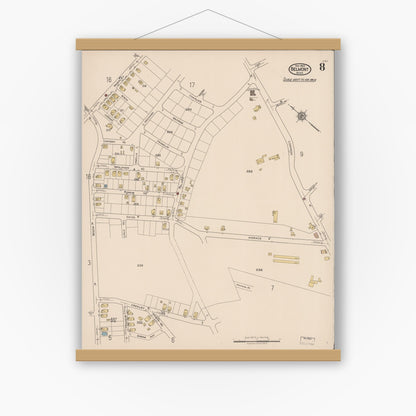 Old map wall art mockup — magnetic wood frame on white wall — Sanborn Fire Insurance Map from Belmont, Middlesex County, Massachusetts (1922), Sheet #0008
