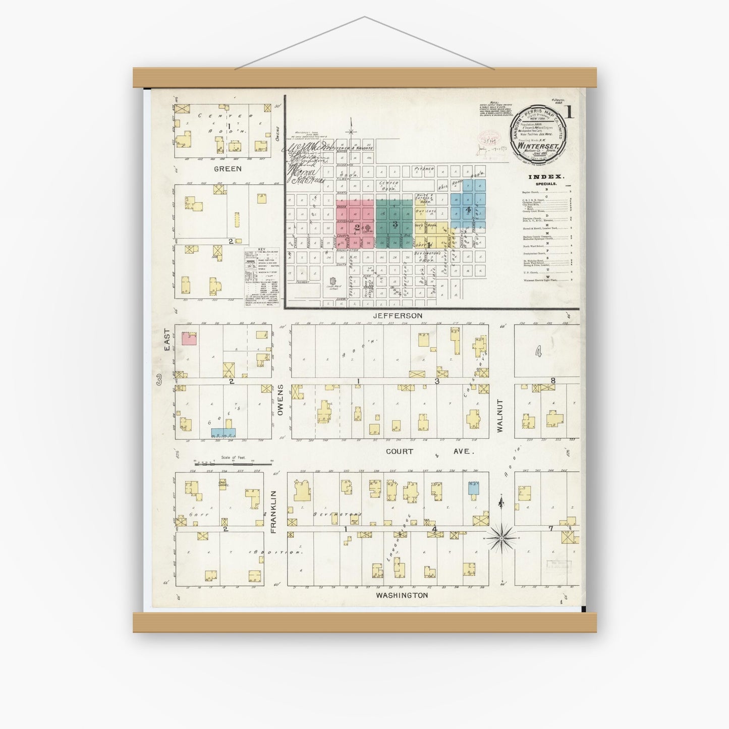Old map wall art mockup — magnetic wood frame on white wall — Sanborn Fire Insurance Map from Winterset, Madison County, Iowa (1893) â€” Complete Set