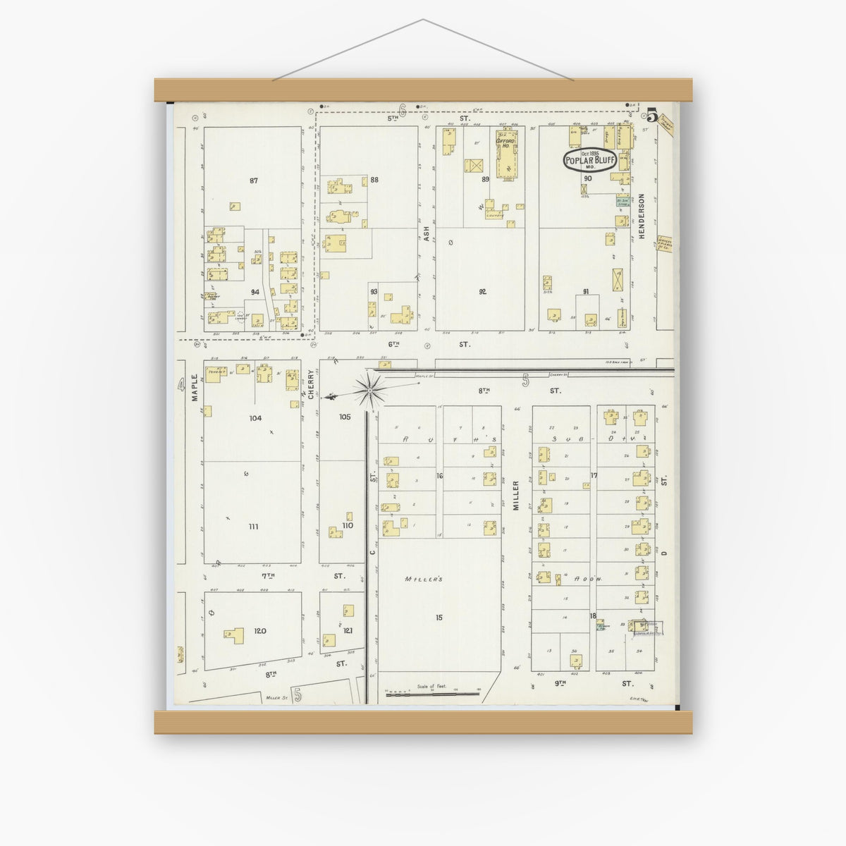 Old map wall art mockup — magnetic wood frame on white wall — Sanborn Fire Insurance Map from Poplar Bluff, Butler County, Missouri (1895), Sheet #0005