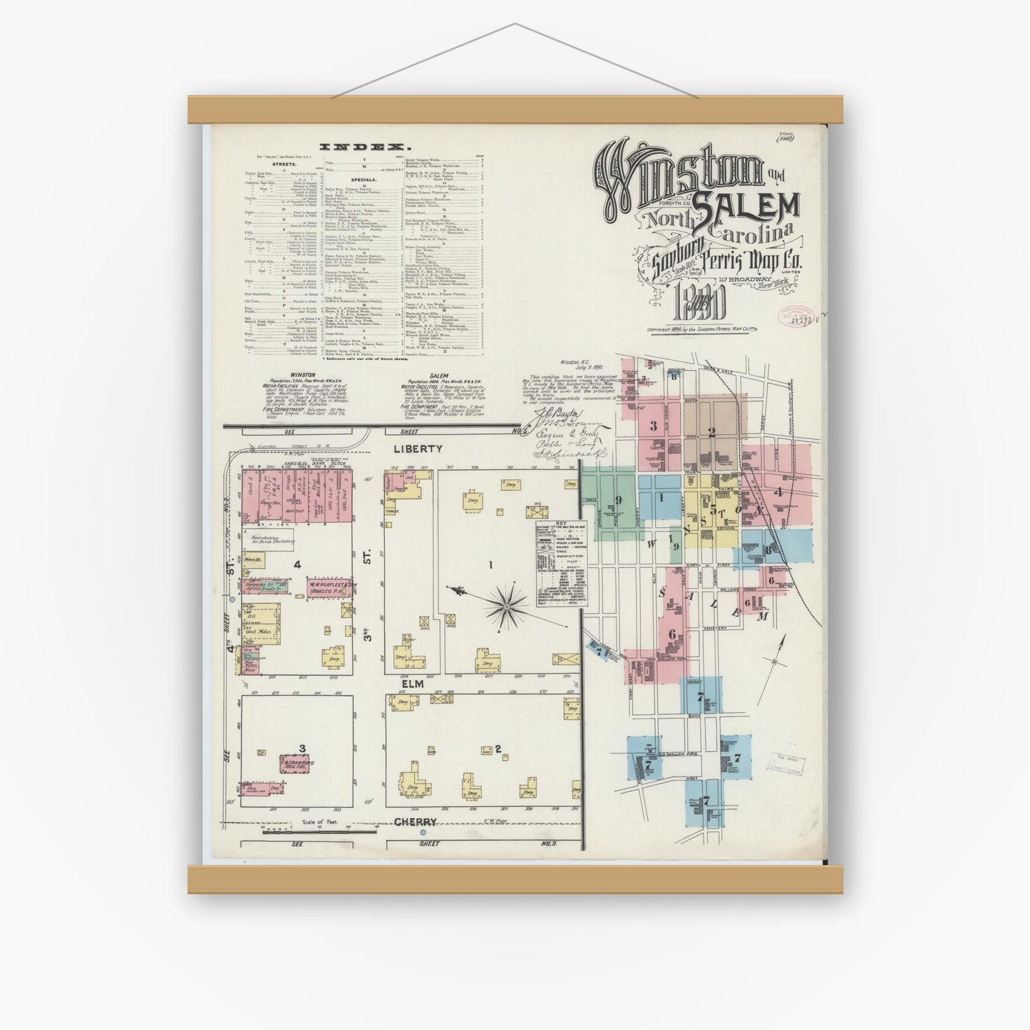 Old map wall art mockup — magnetic wood frame on white wall — Sanborn Fire Insurance Map from Winston-Salem, Forsyth County, North Carolina (1890) - Complete Map Set