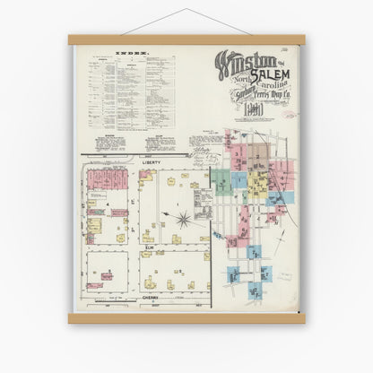 Old map wall art mockup — magnetic wood frame on white wall — Sanborn Fire Insurance Map from Winston-Salem, Forsyth County, North Carolina (1890) - Complete Map Set