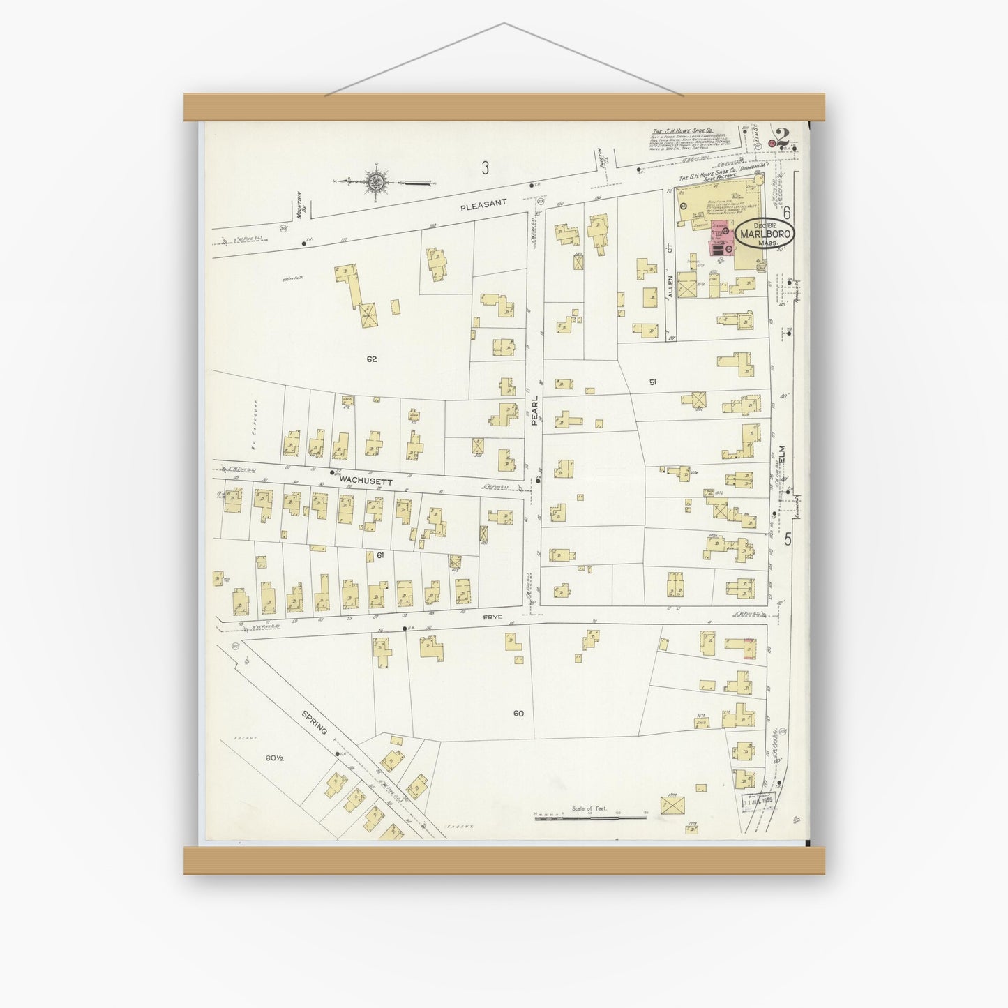 Old map wall art mockup — magnetic wood frame on white wall — Sanborn Fire Insurance Map from Marlborough, Middlesex County, Massachusetts (1912), Sheet #0002