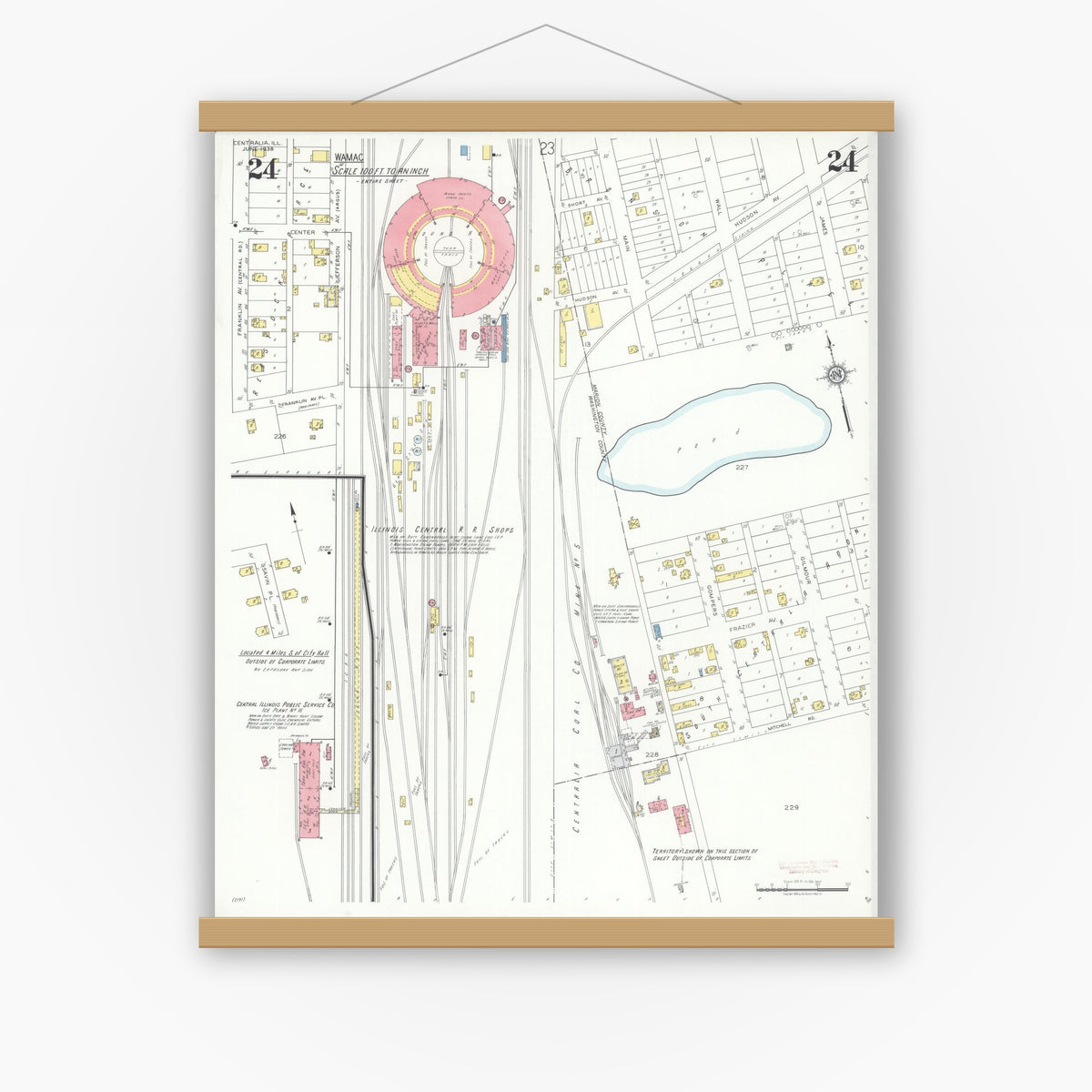 Old map wall art mockup — magnetic wood frame on white wall — Sanborn Fire Insurance Map from Centralia, Marion, Clinton, Jefferson, and Washington Counties, Illinois (1938), Sheet #0024