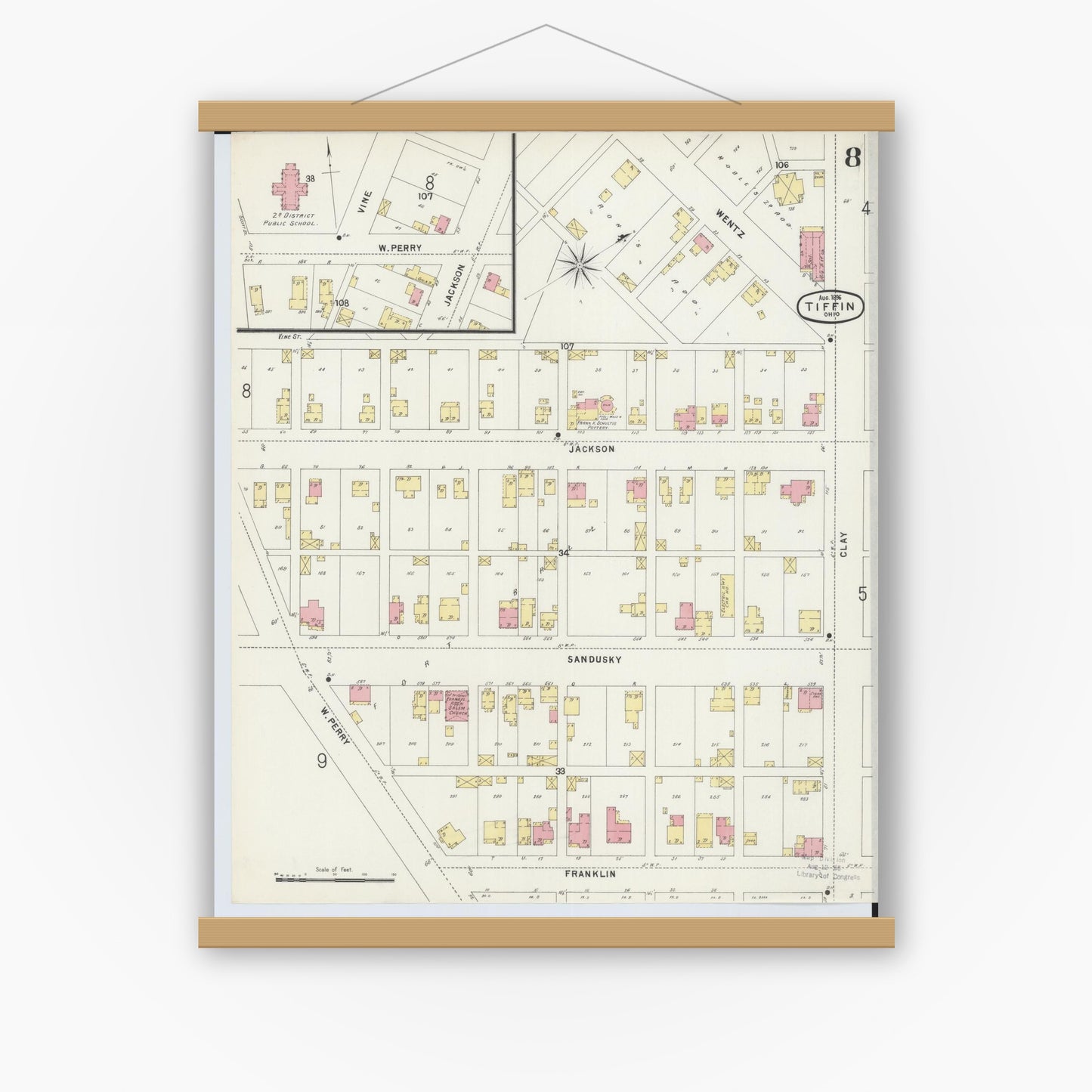 Old map wall art mockup — magnetic wood frame on white wall — Sanborn Fire Insurance Map from Tiffin, Seneca County, Ohio (1896), Sheet #0008