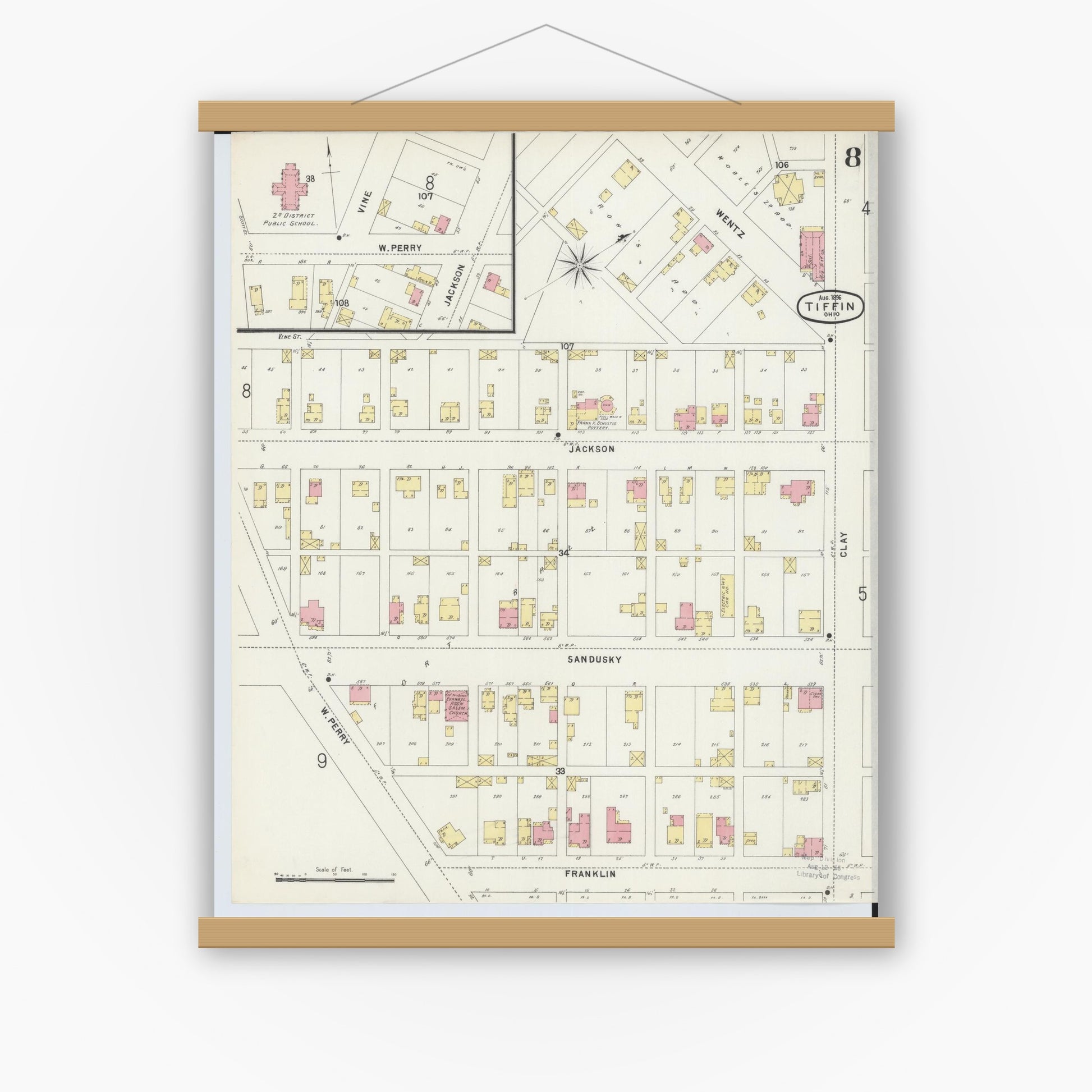 Old map wall art mockup — magnetic wood frame on white wall — Sanborn Fire Insurance Map from Tiffin, Seneca County, Ohio (1896), Sheet #0008