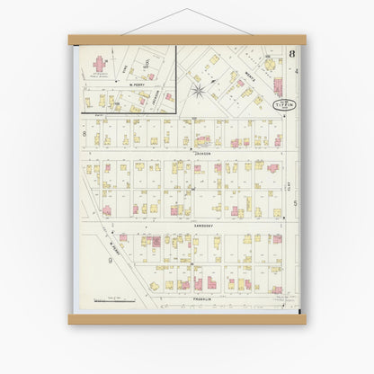 Old map wall art mockup — magnetic wood frame on white wall — Sanborn Fire Insurance Map from Tiffin, Seneca County, Ohio (1896), Sheet #0008