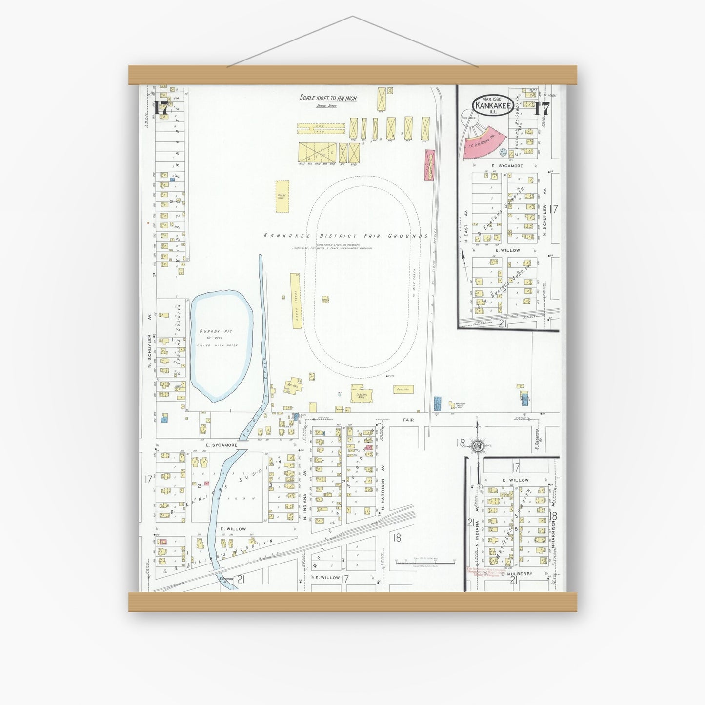 Old map wall art mockup — magnetic wood frame on white wall — Sanborn Fire Insurance Map from Kankakee, Kankakee County, Illinois (1930), Sheet #0017
