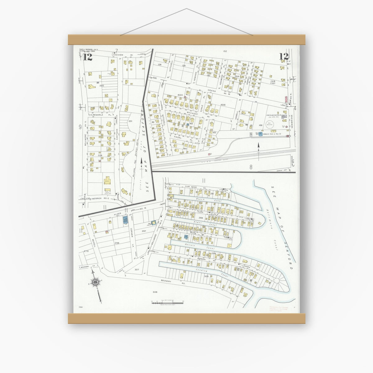 Old map wall art mockup — magnetic wood frame on white wall — Sanborn Fire Insurance Map from Bellmore, Nassau County, New York (1940), Sheet #0012