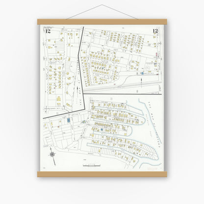 Old map wall art mockup — magnetic wood frame on white wall — Sanborn Fire Insurance Map from Bellmore, Nassau County, New York (1940), Sheet #0012