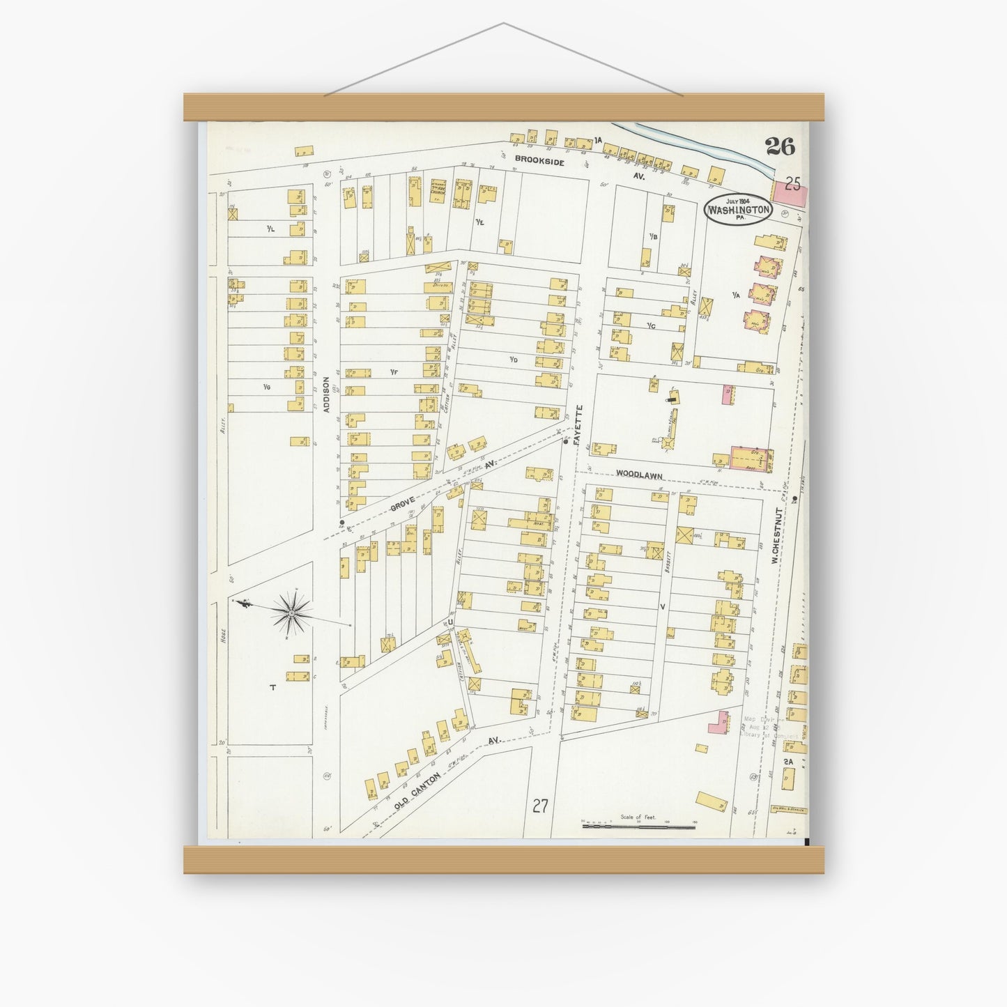 Old map wall art mockup — magnetic wood frame on white wall — Sanborn Fire Insurance Map from Washington, Washington County, Pennsylvania (1904), Sheet #0026