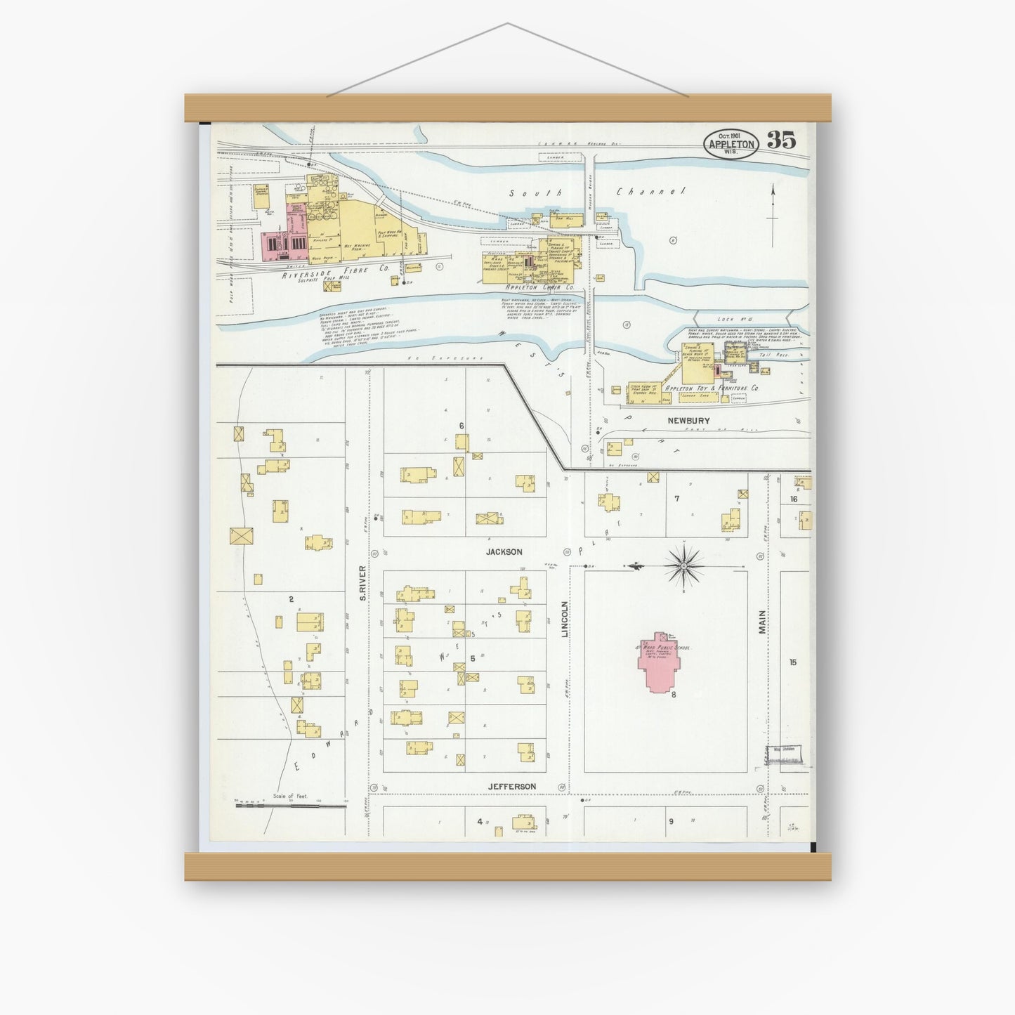 Old map wall art mockup — magnetic wood frame on white wall — Sanborn Fire Insurance Map from Appleton, Outagamie County, Wisconsin (1901), Sheet #0035