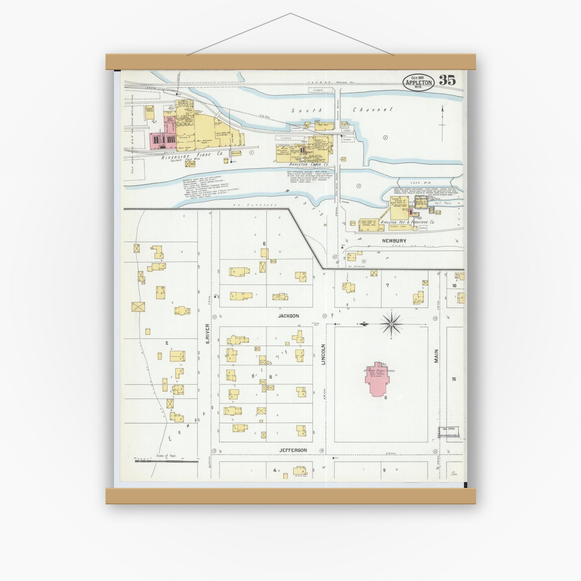 Old map wall art mockup — magnetic wood frame on white wall — Sanborn Fire Insurance Map from Appleton, Outagamie County, Wisconsin (1901), Sheet #0035