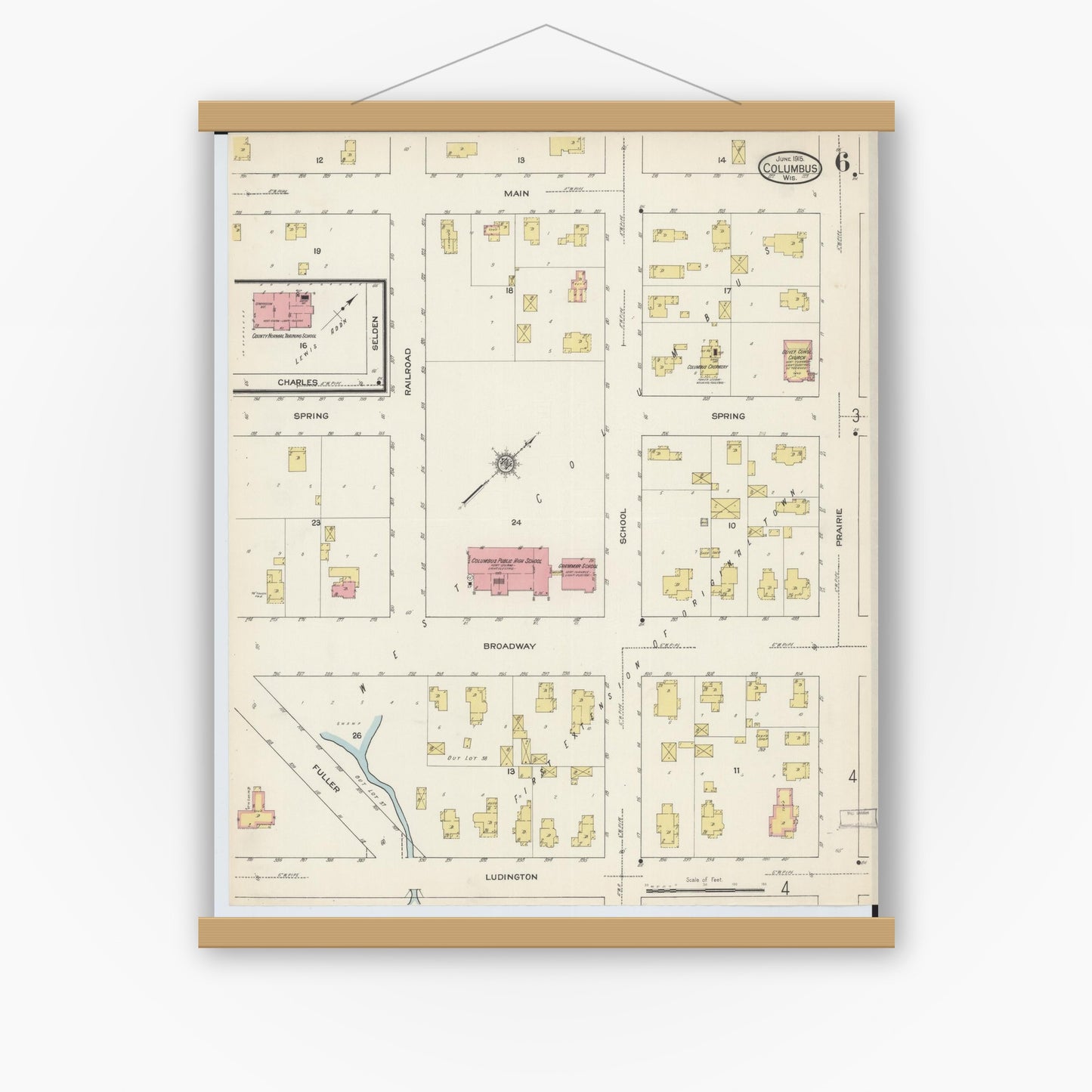 Old map wall art mockup — magnetic wood frame on white wall — Sanborn Fire Insurance Map from Columbus, Columbia and Dodge County, Wisconsin (1915), Sheet #0006