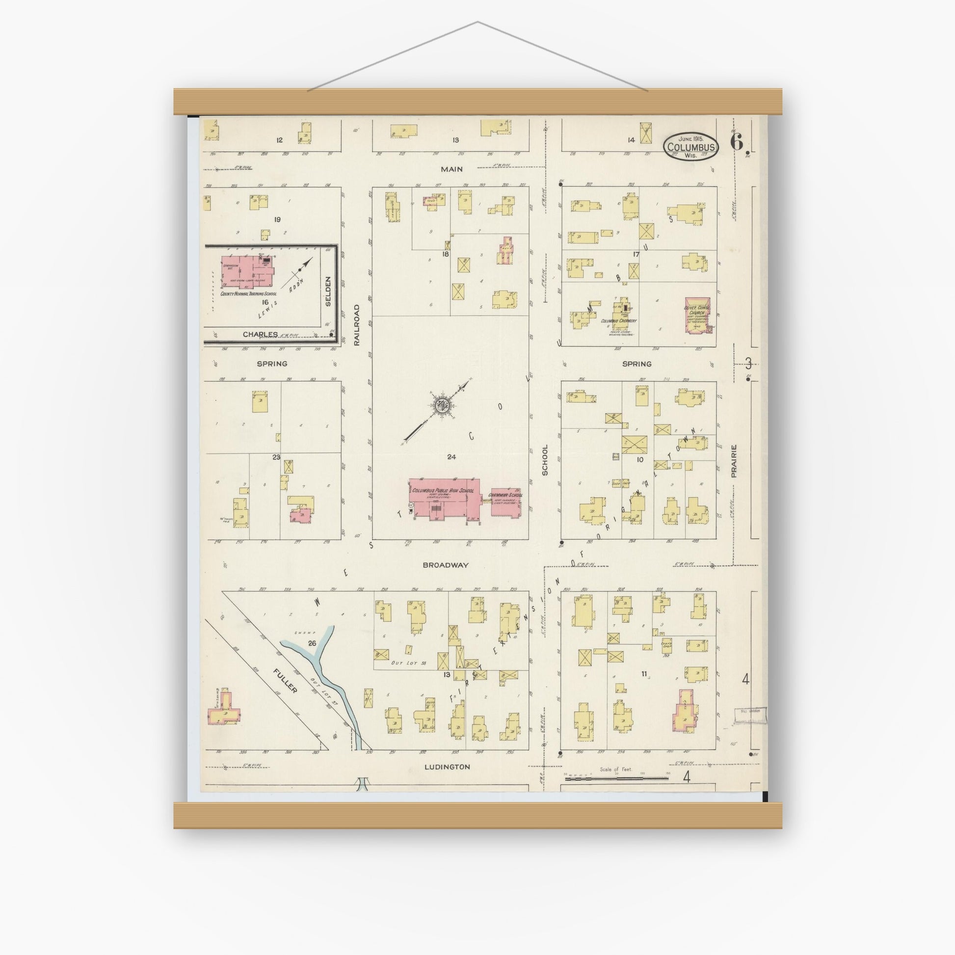 Old map wall art mockup — magnetic wood frame on white wall — Sanborn Fire Insurance Map from Columbus, Columbia and Dodge County, Wisconsin (1915), Sheet #0006