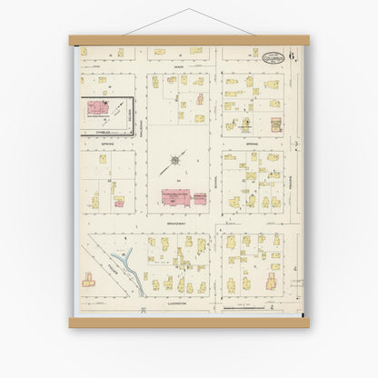 Old map wall art mockup — magnetic wood frame on white wall — Sanborn Fire Insurance Map from Columbus, Columbia and Dodge County, Wisconsin (1915), Sheet #0006