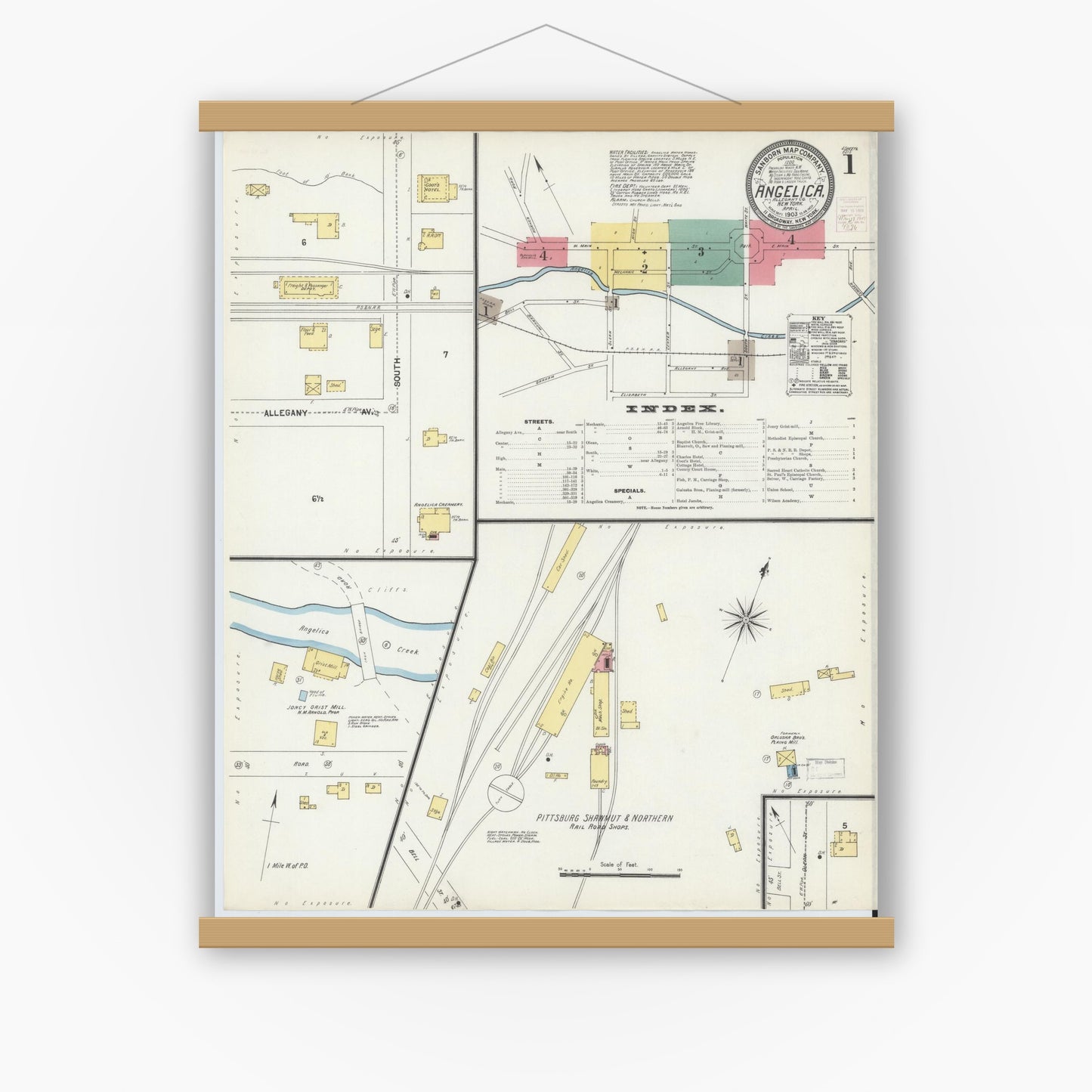 Old map wall art mockup — magnetic wood frame on white wall — Sanborn Fire Insurance Map from Angelica, Allegany County, New York (1903) - Complete Map Set