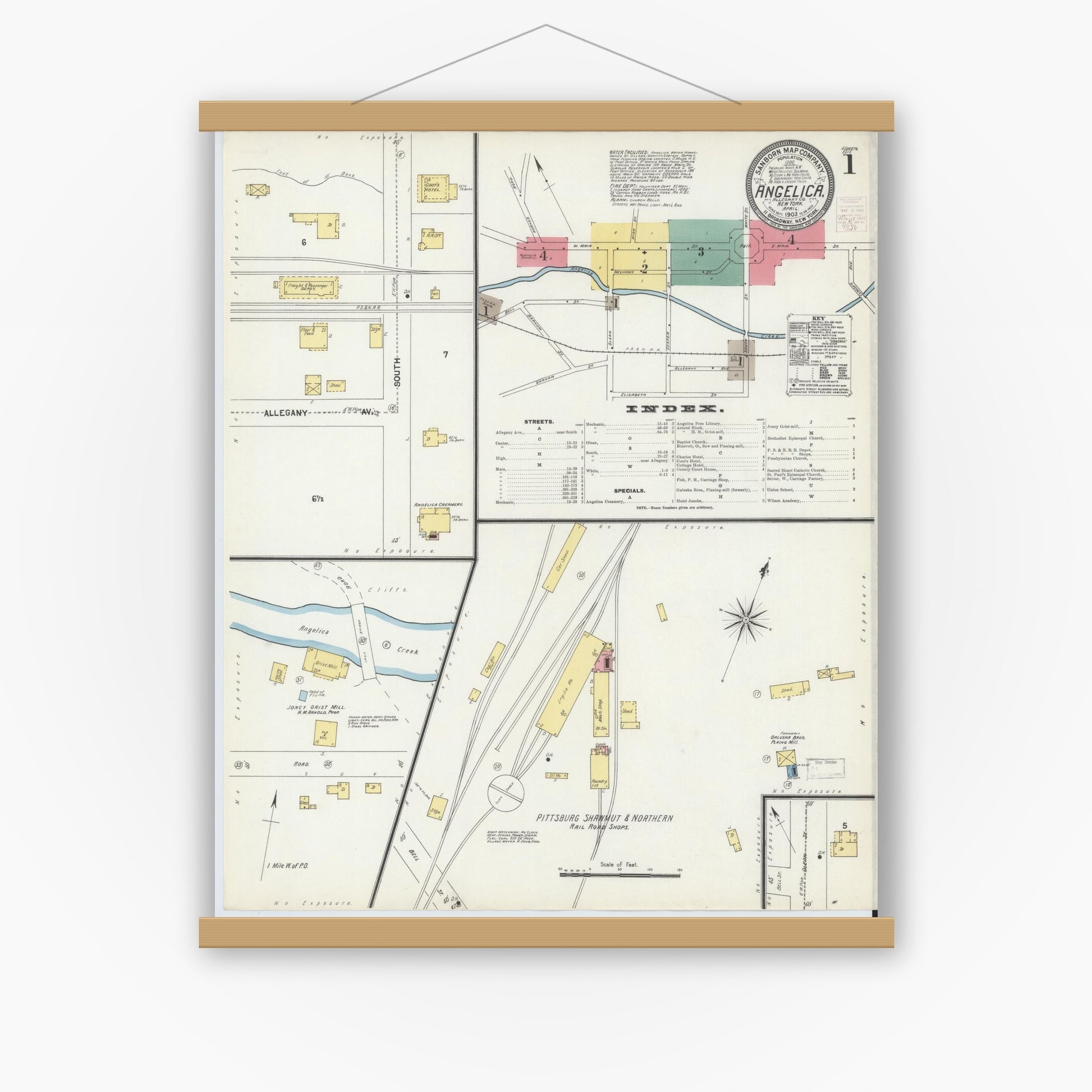 Old map wall art mockup — magnetic wood frame on white wall — Sanborn Fire Insurance Map from Angelica, Allegany County, New York (1903) - Complete Map Set