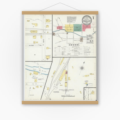 Old map wall art mockup — magnetic wood frame on white wall — Sanborn Fire Insurance Map from Angelica, Allegany County, New York (1903) - Complete Map Set