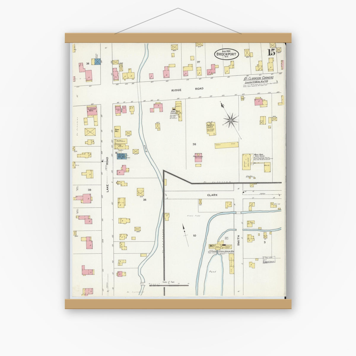 Old map wall art mockup — magnetic wood frame on white wall — Sanborn Fire Insurance Map from Brockport, Monroe County, New York (1909), Sheet #0015