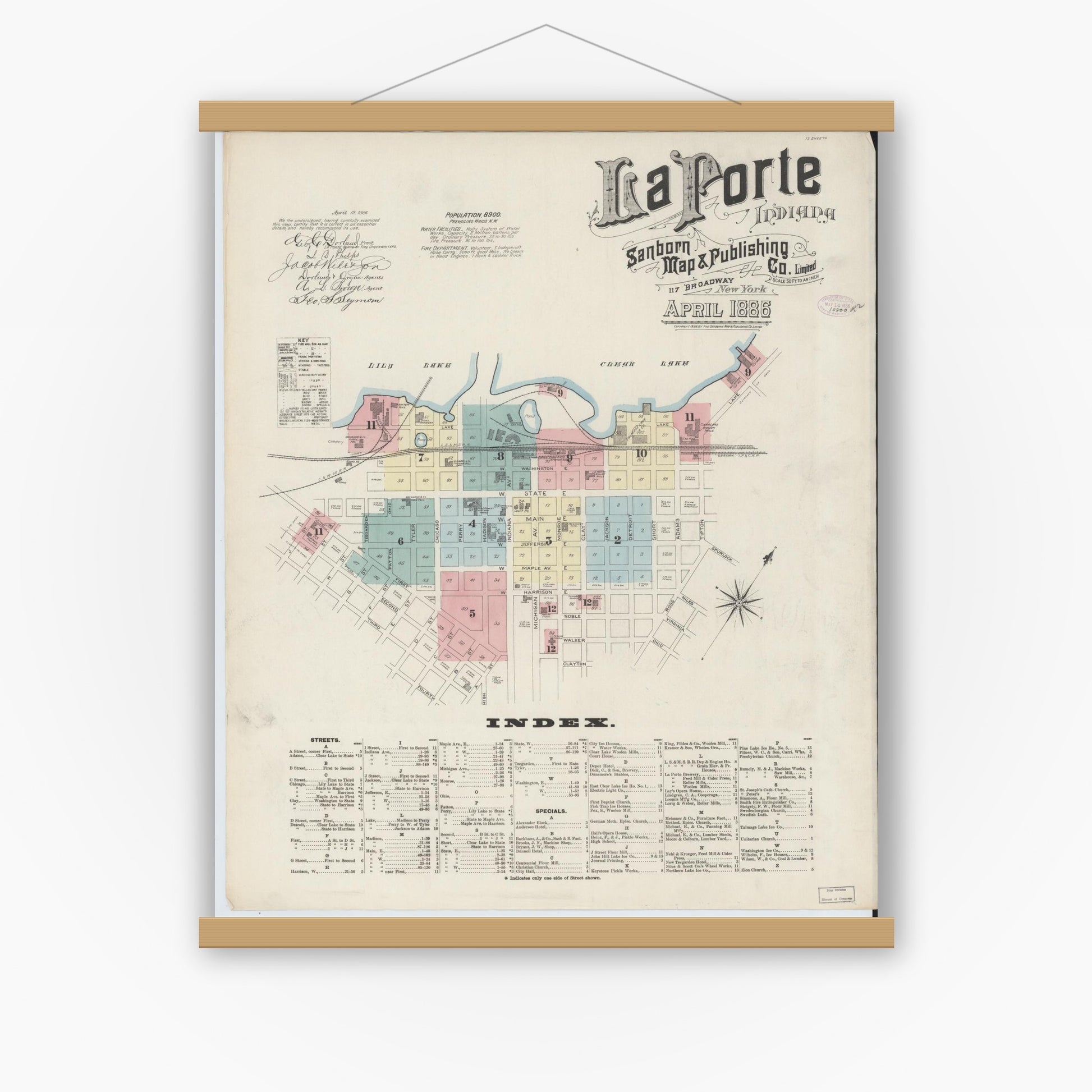 Old map wall art mockup — magnetic wood frame on white wall — Sanborn Fire Insurance Map from La Porte, La Porte County, Indiana (1886) - Complete Map Set