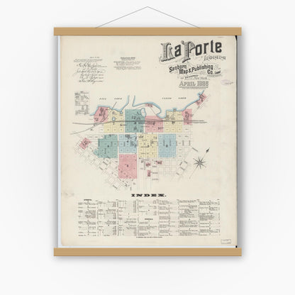 Old map wall art mockup — magnetic wood frame on white wall — Sanborn Fire Insurance Map from La Porte, La Porte County, Indiana (1886) - Complete Map Set
