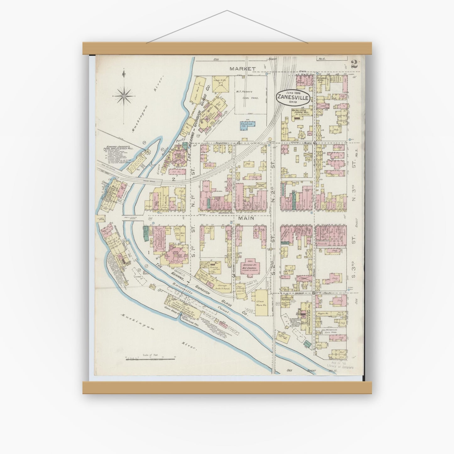 Old map wall art mockup — magnetic wood frame on white wall — Sanborn Fire Insurance Map from Zanesville, Muskingum County, Ohio (1886), Sheet #0002