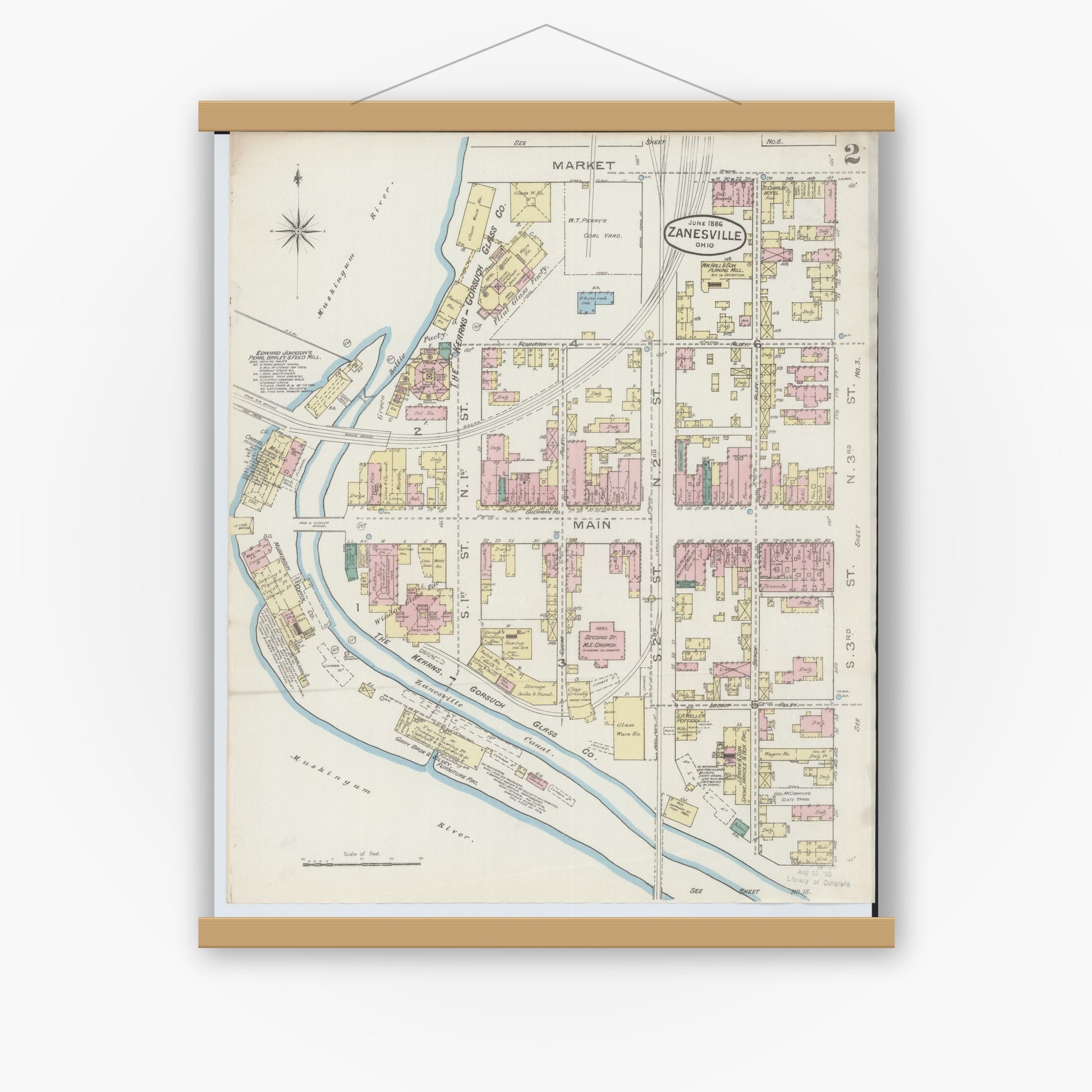 Old map wall art mockup — magnetic wood frame on white wall — Sanborn Fire Insurance Map from Zanesville, Muskingum County, Ohio (1886), Sheet #0002