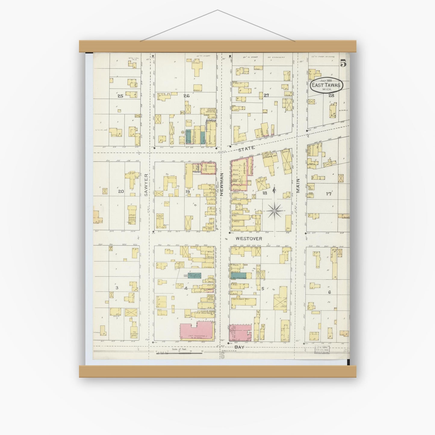 Old map wall art mockup — magnetic wood frame on white wall — Sanborn Fire Insurance Map from East Tawas, Iosco County, Michigan (1893), Sheet #0005