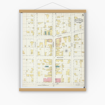 Old map wall art mockup — magnetic wood frame on white wall — Sanborn Fire Insurance Map from East Tawas, Iosco County, Michigan (1893), Sheet #0005