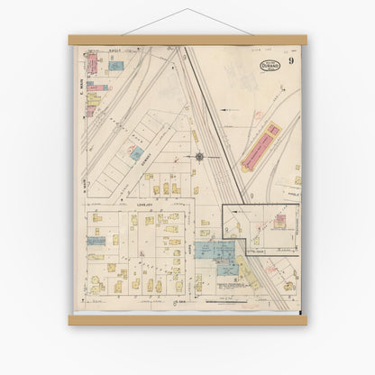 Old map wall art mockup — magnetic wood frame on white wall — Sanborn Fire Insurance Map from Durand, Shiawassee County, Michigan (1944), Sheet #0009
