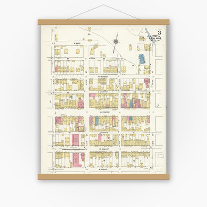 Old map wall art mockup — magnetic wood frame on white wall — Sanborn Fire Insurance Map from Ashland, Schuylkill County, Pennsylvania (1921), Sheet #0003