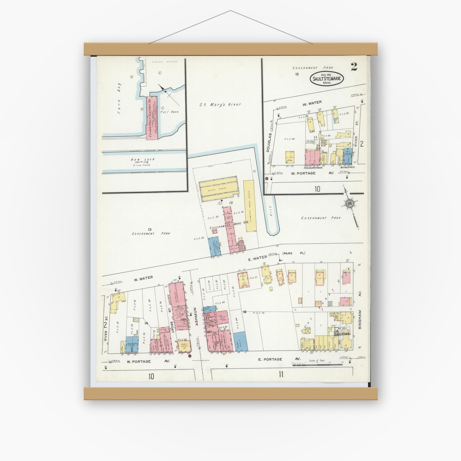 Old map wall art mockup — magnetic wood frame on white wall — Sanborn Fire Insurance Map from Sault Sainte Marie, Chippewa County, Michigan (1915), Sheet #0002