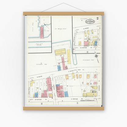 Old map wall art mockup — magnetic wood frame on white wall — Sanborn Fire Insurance Map from Sault Sainte Marie, Chippewa County, Michigan (1915), Sheet #0002