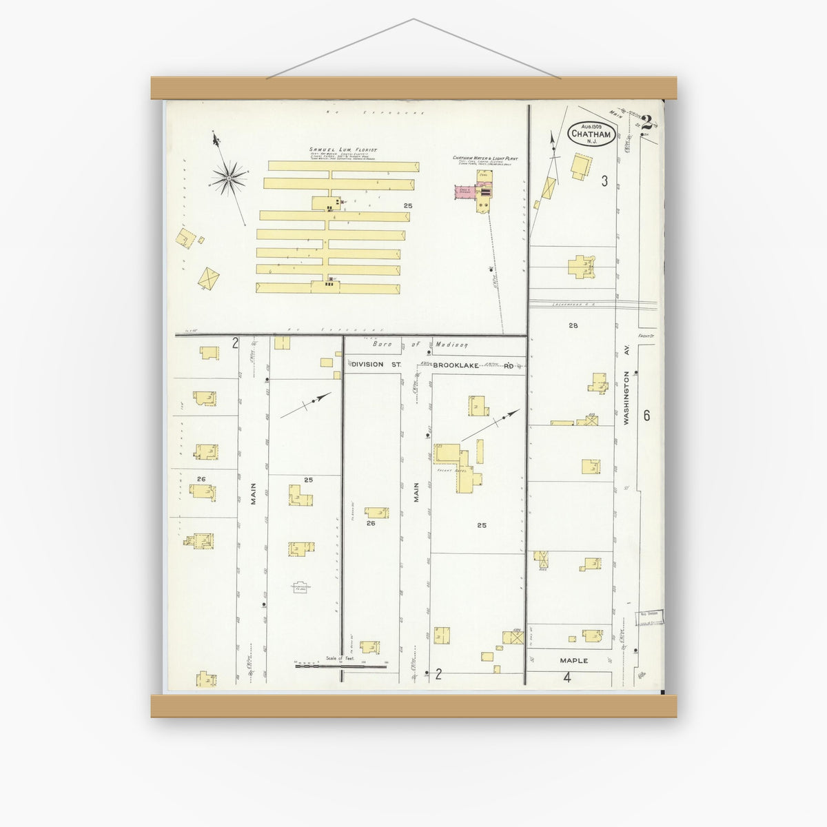 Old map wall art mockup — magnetic wood frame on white wall — Sanborn Fire Insurance Map from Chatham, Morris County, New Jersey (1909), Sheet #0002