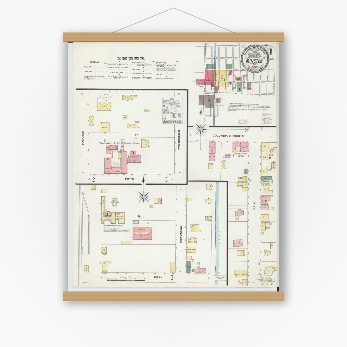 Old map wall art mockup — magnetic wood frame on white wall — Sanborn Fire Insurance Map from Minster, Auglaize County, Ohio (1907), Sheet #0001