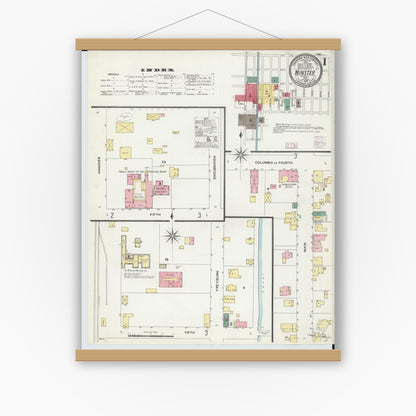Old map wall art mockup — magnetic wood frame on white wall — Sanborn Fire Insurance Map from Minster, Auglaize County, Ohio (1907), Sheet #0001