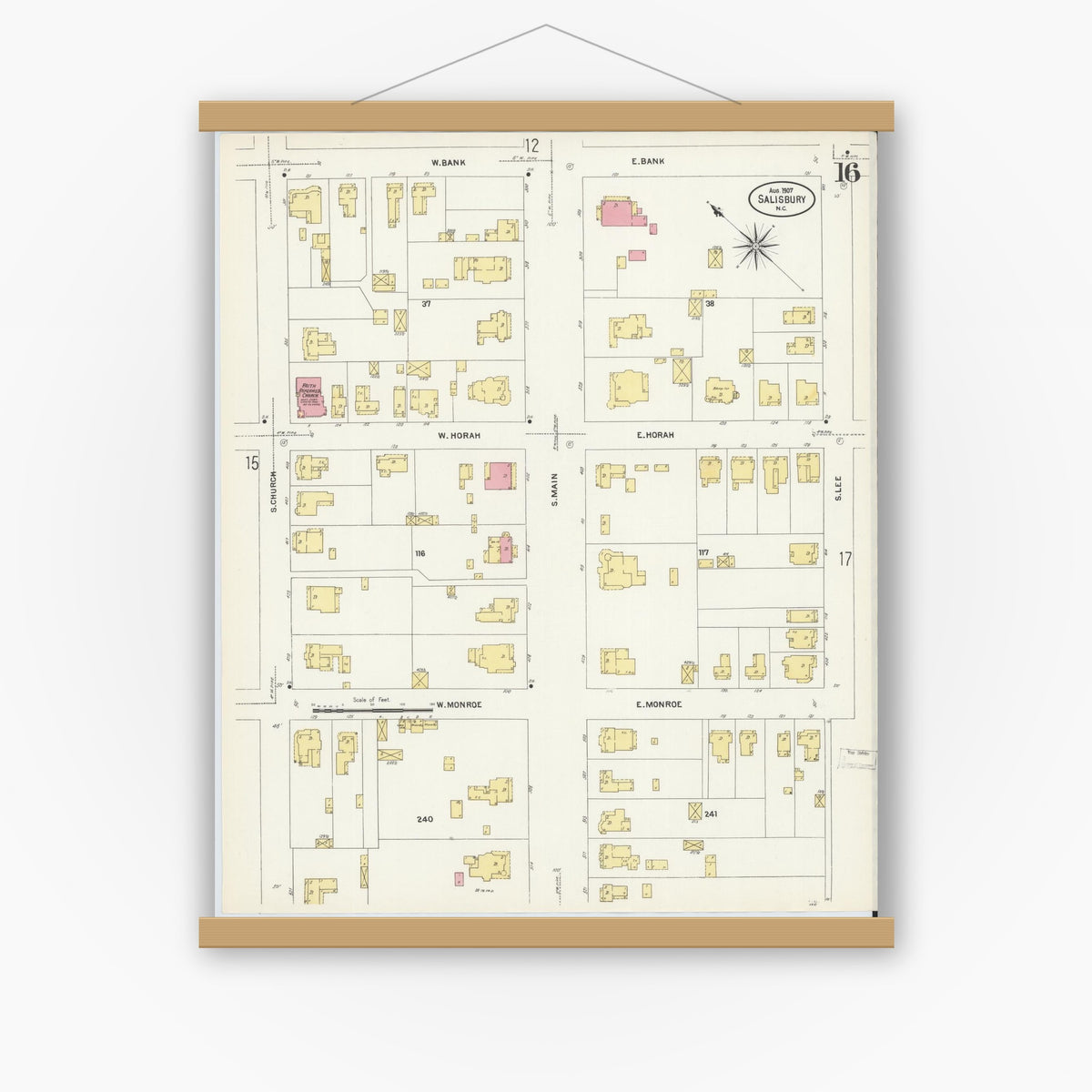 Old map wall art mockup — magnetic wood frame on white wall — Sanborn Fire Insurance Map from Salisbury, Rowan County, North Carolina (1907), Sheet #0016