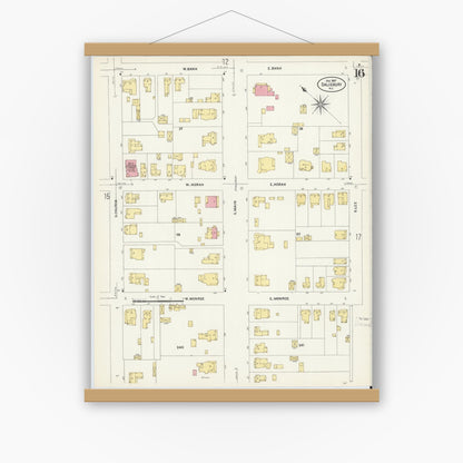 Old map wall art mockup — magnetic wood frame on white wall — Sanborn Fire Insurance Map from Salisbury, Rowan County, North Carolina (1907), Sheet #0016