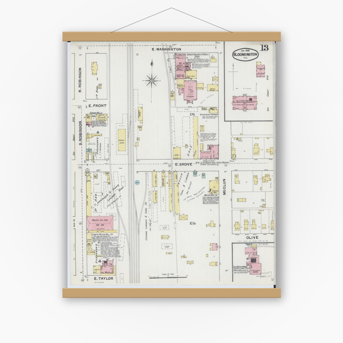 Old map wall art mockup — magnetic wood frame on white wall — Sanborn Fire Insurance Map from Bloomington, McLean County, Illinois (1892), Sheet #0013