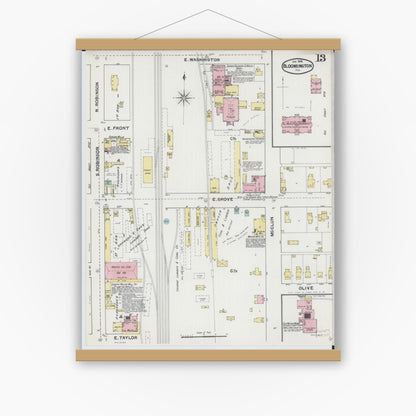 Old map wall art mockup — magnetic wood frame on white wall — Sanborn Fire Insurance Map from Bloomington, McLean County, Illinois (1892), Sheet #0013